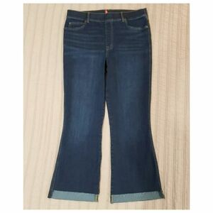 NWOT Spanx XL Flare Raw Hem Jeans | Dark Blue Tummy-Shaping Stretch Denim